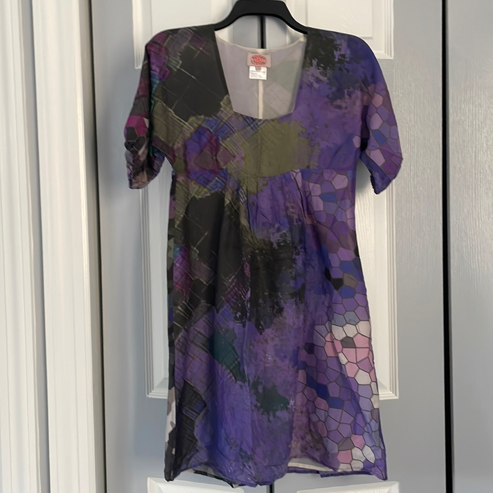 Aoyama Itchome silk scoop neck a-line dress with various scale like print